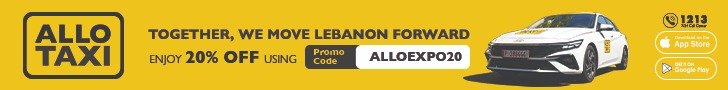 Allo Taxi: Together, we move Lebanon forward. Enjoy 20% off using promo code ALLOEXPO20. Call 1213.